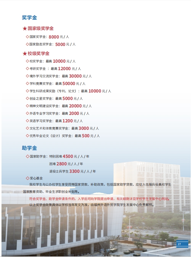 福州外语外贸学院2024年奖助学政策